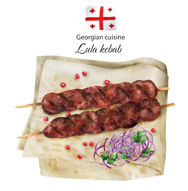 Vettore lula kebab con lavash e cipolle. cucina turca e caucasica. illustrazione acquerello