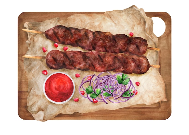 Vector lula kebab with sauce and onions on a wooden board. turkish, caucasian cuisine.watercolor