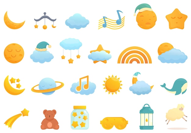 Lullaby icons set cartoon vector Moon crescent