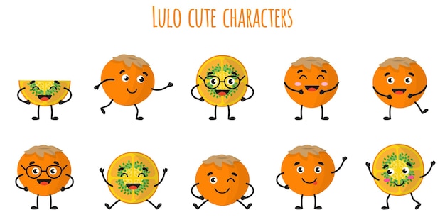 Vector lulo fruit cute funny cheerful characters with different poses and emotions