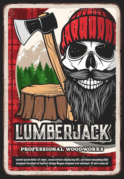 Vettore lumber jack poster retrò boscaiolo cranio logger