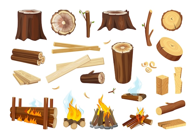 Vector lumber logs and timbers wooden boards tree branches wood shavings and sawdust burning and extinct bonfire isolated vector rustic elements