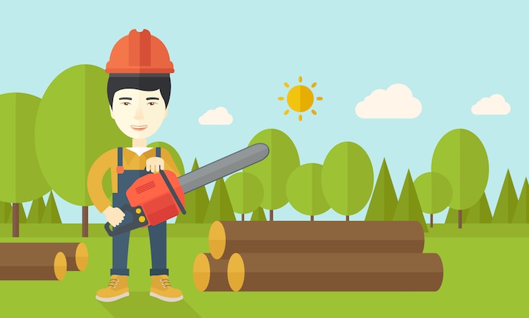 Vector lumberjack cuts a tree by chainsaw
