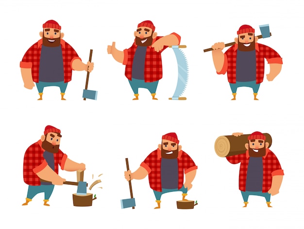 Vector lumberjack in different action poses.