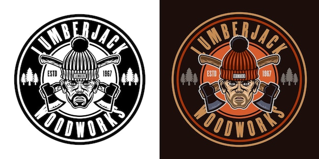 Lumberjack head in knitted hat and crossed axes vector round emblem in two styles black on white and colorful