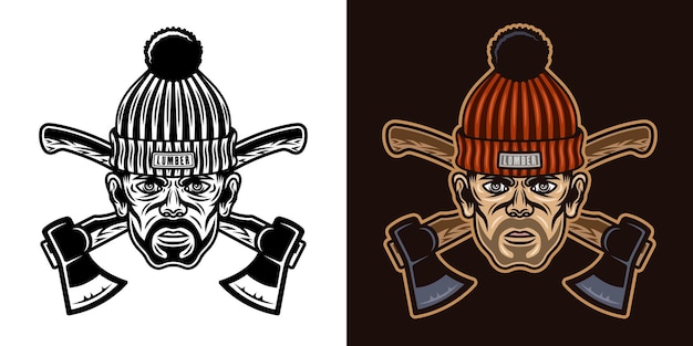 Vector lumberjack head in knitted hat with bristle and crossed axes two styles black on white and colorful on dark background vector illustration