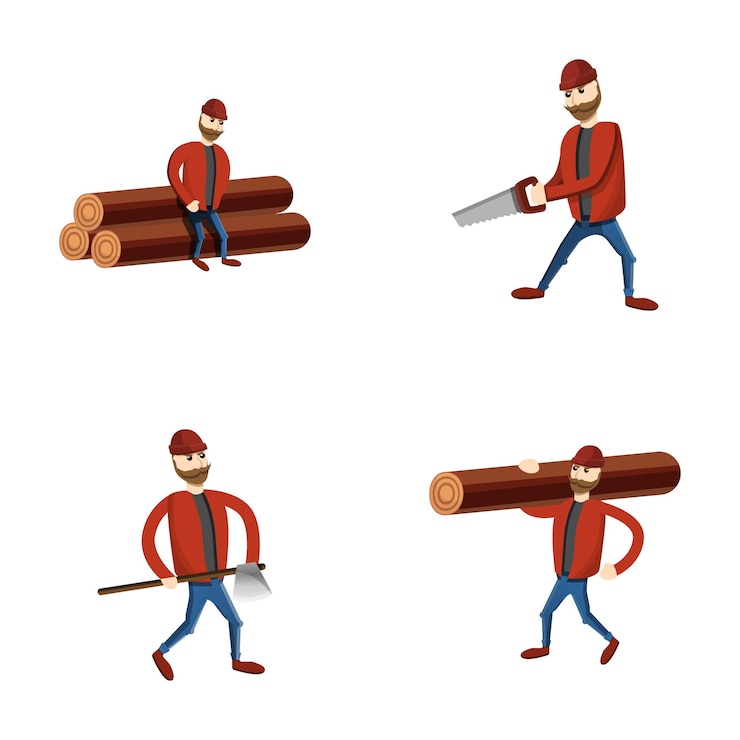 Vector lumberjack icons set cartoon vector man woodcutter while working logging industry