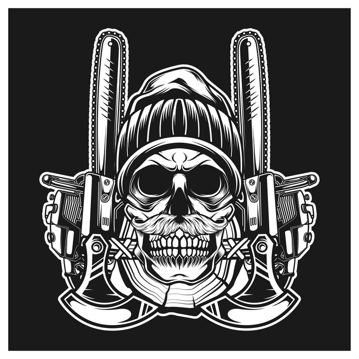 Lumberjack skull  with bunny complate with tools ax and chainsaw
