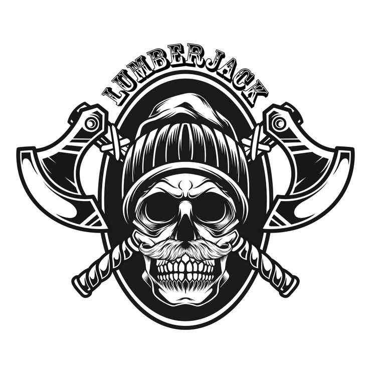 Lumberjack skull with hat and ax black and white