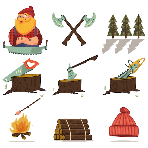 Vector lumberjack, timber and woodworking tools  cartoon icons set isolated . chainsaw, axe, tree stump, log wood, forest and more.