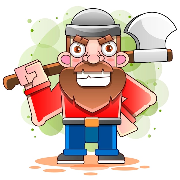 Lumberjack with axe and downed log, forest background. vector illustration