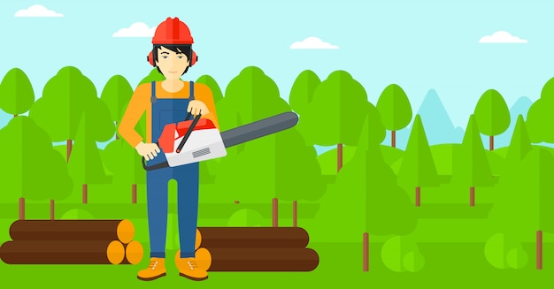 Vector lumberjack with chainsaw.