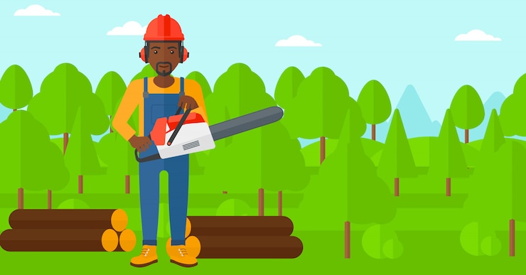 Vector lumberjack with chainsaw.