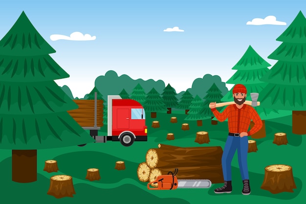 Vector lumberjack with woodcutter in forest