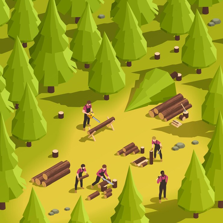 Vector lumberjacks cutting wood isometric illustration