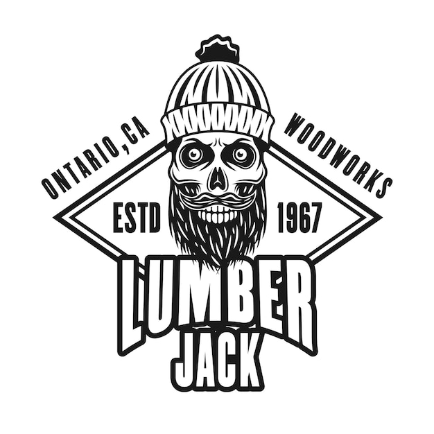 Lumberman bearded skull and rombus vector emblem in vintage monochrome style isolated on white background