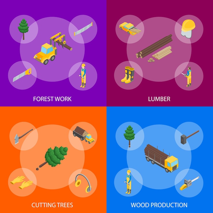 Vector lumberman woodcutter signs 3d banner set isometric view include of ax lumber and tools vector illustration of icon