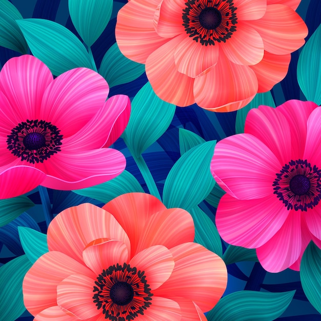 Vector luminous tropical background with pink and coral flowers