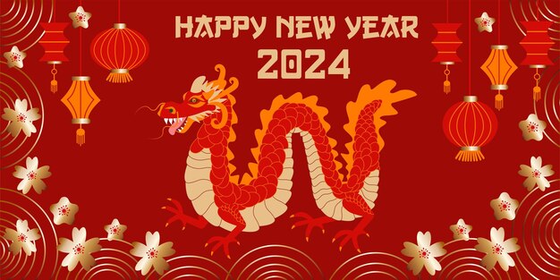 ベクトル 月の新年の背景のバナー 中国の新年2024年 ドラゴンの年 赤と金のベクトル