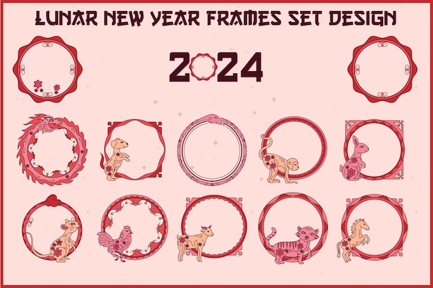 Lunar New Year Frames Set Design Dragon Monkey Horse