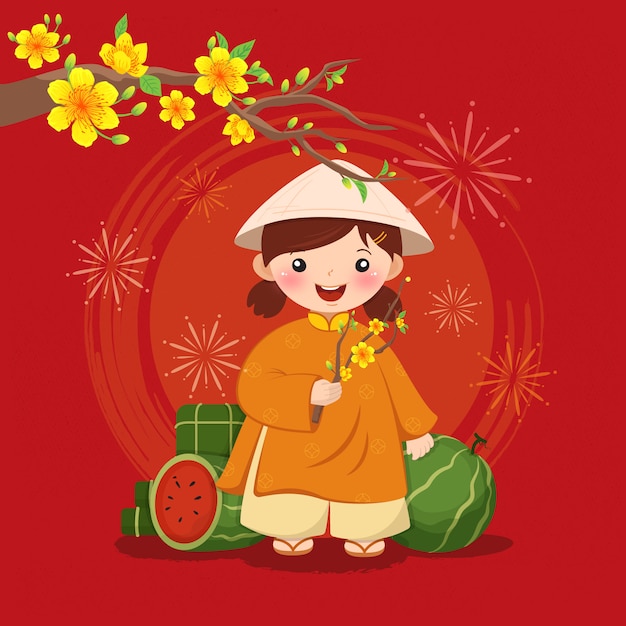 Vector lunar new year kid in traditional clothes