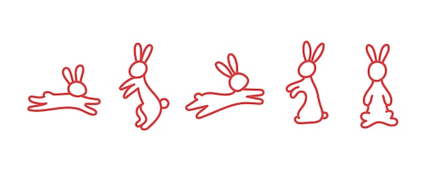 Lunar oriental rabbits New 2023 chinese year of rabbit linear bunny silhouette Red color Set icons