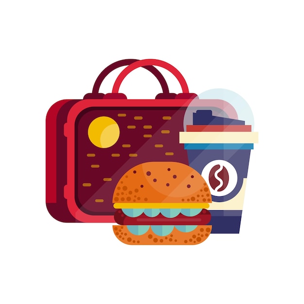 Vector lunch bag with hamburger and cup of coffee healthy food for kids and students children lunch time vector illustration on a white background