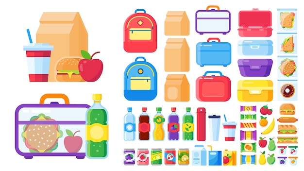 Vector lunch box constructor. food for lunchbox isolated, pack snack for children, mea and vegetable. vector illustration