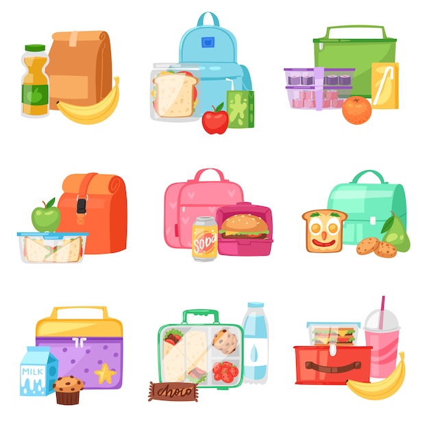 Lunchbox della scuola della scatola di pranzo con la frutta o le verdure sane dell'alimento inscatolate in contenitore dei bambini nell'insieme dell'illustrazione della borsa