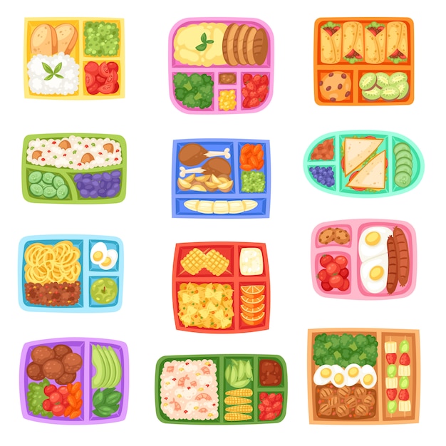 Vettore lunchbox della scuola della scatola di pranzo con le verdure sane dell'alimento o la frutta inscatolate nell'illustrazione del contenitore dei bambini