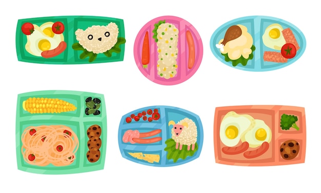 Vector lunch box with different food inside vector set top viewed containers with meal collection