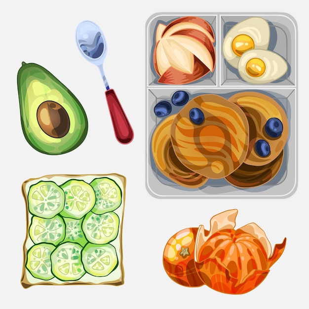 Vector lunch box with a healthy snack, including pancakes, apple, eggs and avocado. toast with cucumber