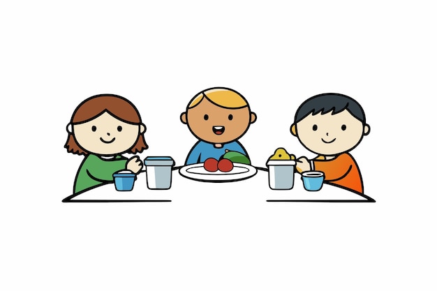Lunch Break Fun Kids Eating and Playing Together ベクトルイラスト アニメのクリパートとラインA