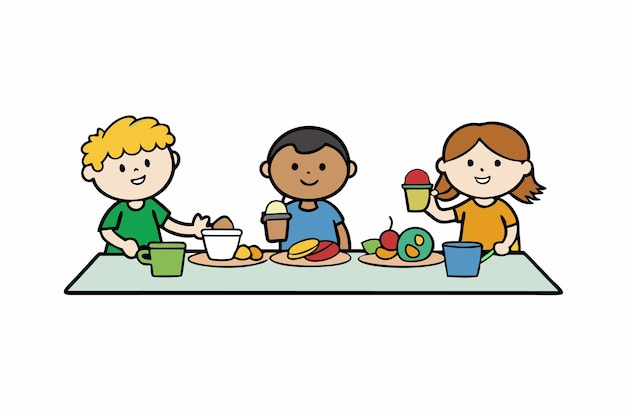 Lunch Break Fun Kids Eating and Playing Together ベクトルイラスト アニメのクリパートとラインA