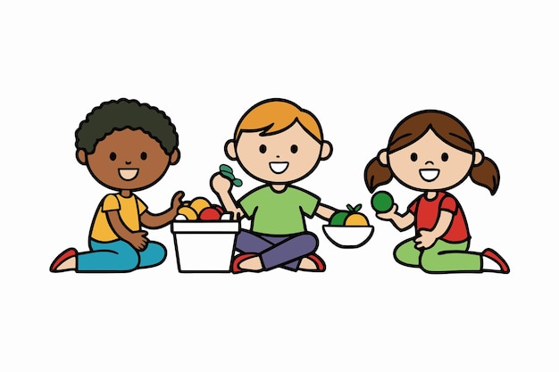 Lunch Break Fun Kids Eating and Playing Together ベクトルイラスト アニメのクリパートとラインA