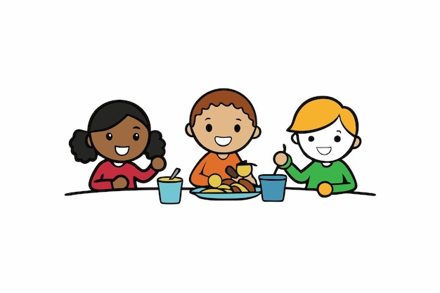 Lunch Break Fun Kids Eating and Playing Together ベクトルイラスト アニメのクリパートとラインA