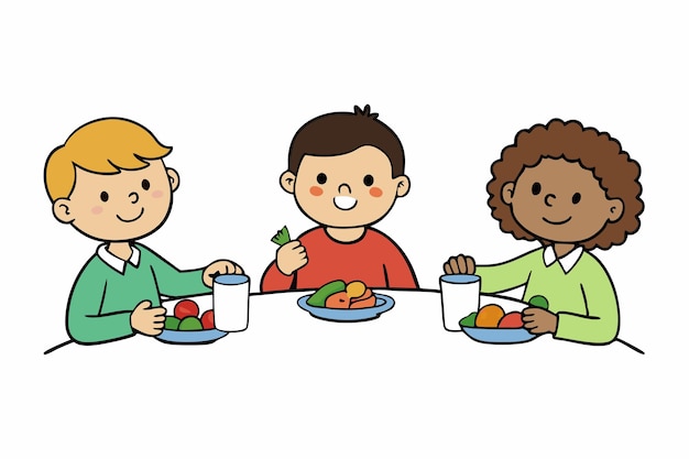 Lunch Break Fun Kids Eating and Playing Together ベクトルイラスト アニメのクリパートとラインA