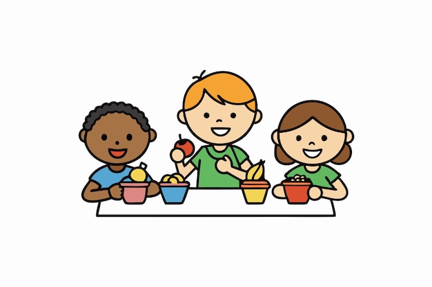 Lunch Break Fun Kids Eating and Playing Together ベクトルイラスト アニメのクリパートとラインA