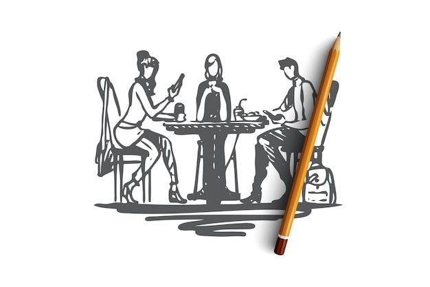 점심, 음식, 저녁 식사, 식사, 사람들 개념. 점심 개념 스케치에서 손으로 그린 비즈니스 사람입니다. 삽화.