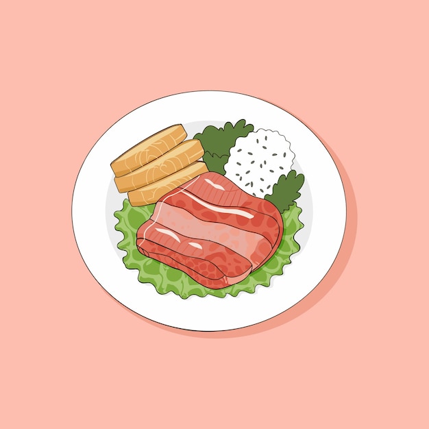 Vector lunch foods on plate illustration