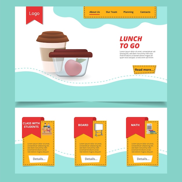 Lunch to go flat landing page website template Class with students board math Web banner with header content and footer Vector illustration