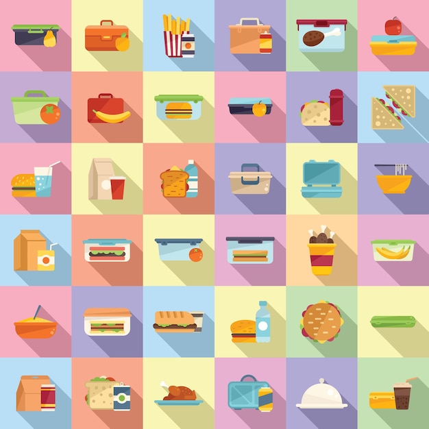 Lunch icons set flat vector. Food tray