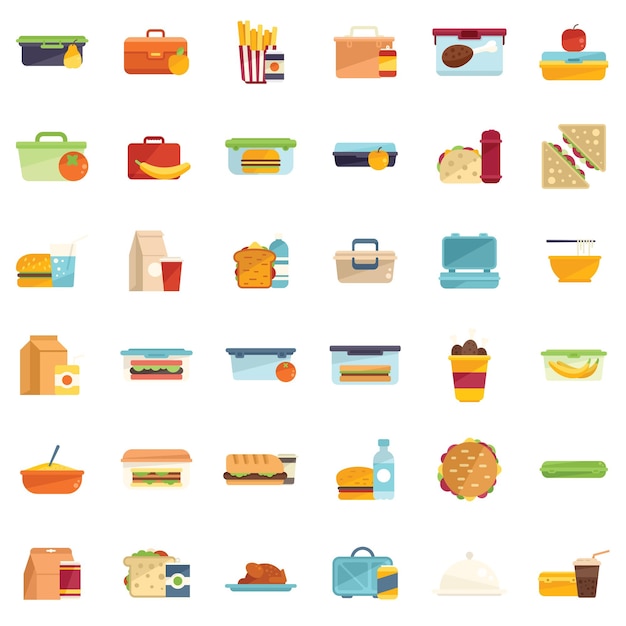 Lunch icons set flat vector food tray