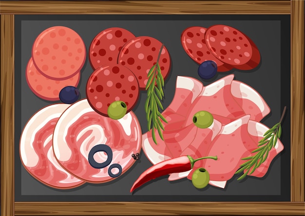 Vector lunch meats set with different cold meats on platter