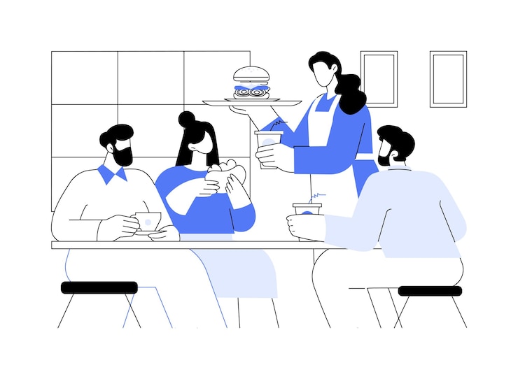 Vector lunch with colleagues isolated cartoon vector illustrations smiling colleagues having lunch in the cafe people lifestyle eating out in restaurant waiter takes the order vector cartoon
