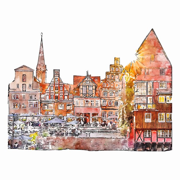 Luneburg Germany watercolor hand drawn illustration isolated on white background