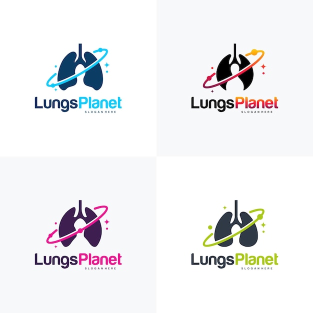 肺惑星ロゴデザインコンセプトベクトル、肺シールドロゴ、肺ケアロゴテンプレート