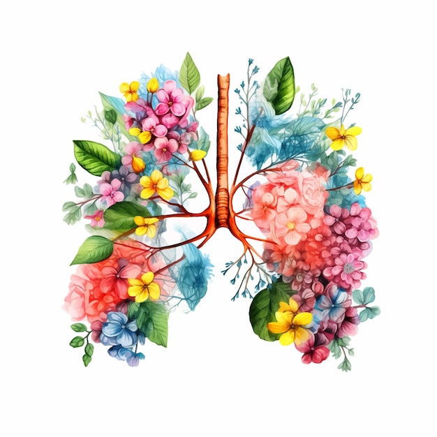 Lungs surrounded by flowers watercolor paint