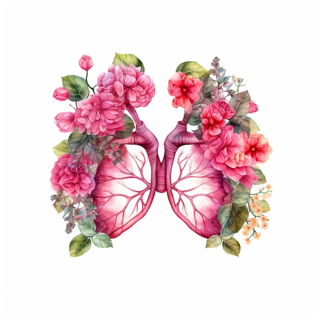 Lungs surrounded by flowers watercolor paint