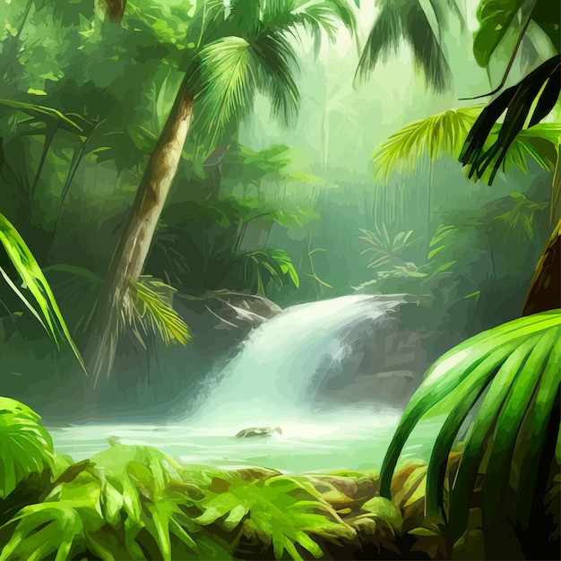 Lush amazonian jungle with waterfalls and a raging river fantasy forest landscape with green trees